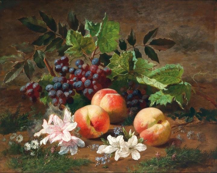 A Forest Still Life with Peach and Grapes
