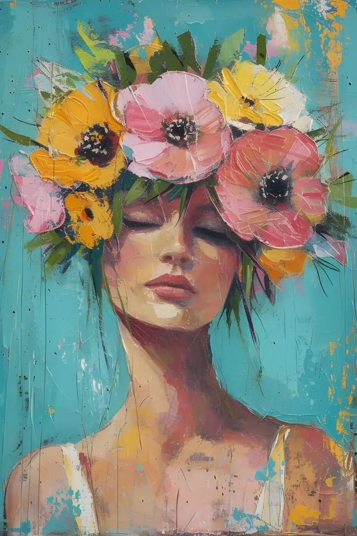 Artist Portrait Of Woman With Flowers, Aesthetic Art, Maximalist, Summer Maximalist, Wallpaper, Wall Art, Acrylic, Stretch Ceiling, Glass Film, Wall Mural, Home Decor, Kids, Bedroom, living room, Office, UV Print, Flat bed, Embossed, Artist, Design, Canvas, Canvas Print, Art Prints, Foamboard, Sand Art, Vinyl, Tote Bag, Leather, Rexine, Carpet, Mat, Backlit Fabric, ACP, Print, Metal, Surat, Gujarat, India