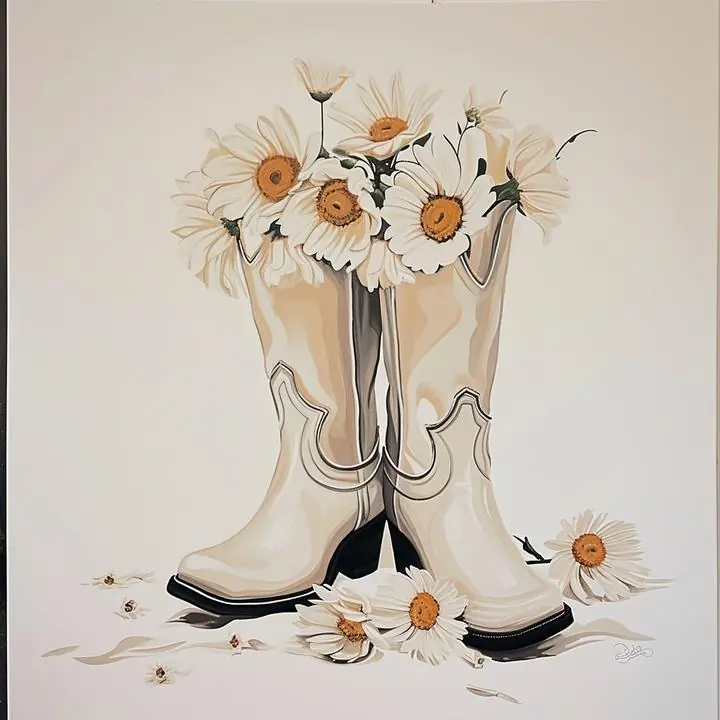 Beige Cowboy Boots With Daisies