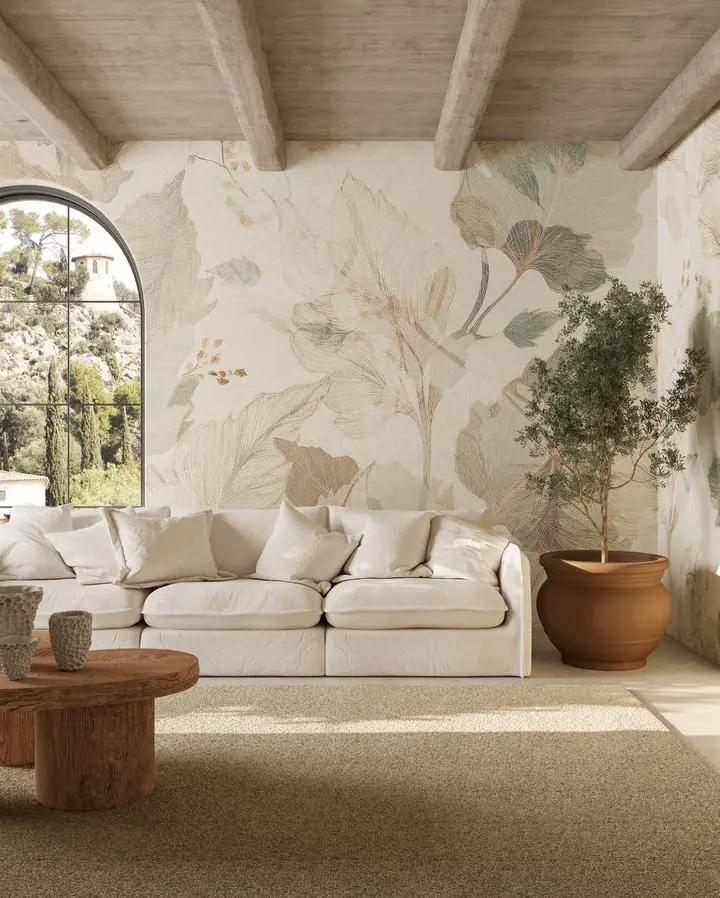 Beige Green Brown Leaves Flowers