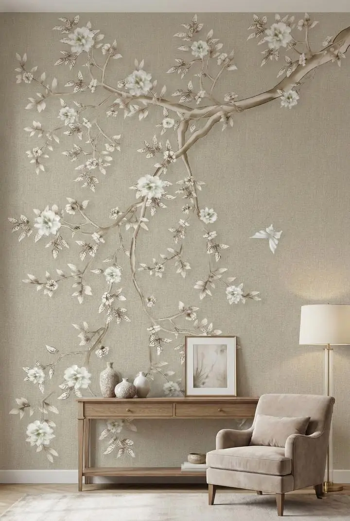 Beige Tree With White Flowers, Wallpaper, Chinoiserie, Wallpaper, Wall Art, Acrylic, Stretch Ceiling, Glass Film, Wall Mural, Home Decor, Kids, Bedroom, living room, Office, UV Print, Flat bed, Embossed, Artist, Design, Canvas, Canvas Print, Art Prints, Foamboard, Sand Art, Vinyl, Tote Bag, Leather, Rexine, Carpet, Mat, Backlit Fabric, ACP, Print, Metal, Surat, Gujarat, India