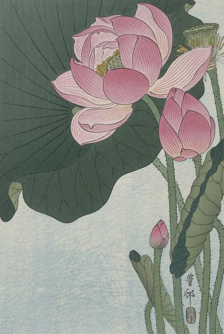 Blooming Lotus Flowers (1920-1930), Paintings, Ohara Koson, Wallpaper, Wall Art, Acrylic, Stretch Ceiling, Glass Film, Wall Mural, Home Decor, Kids, Bedroom, living room, Office, UV Print, Flat bed, Embossed, Artist, Design, Canvas, Canvas Print, Art Prints, Foamboard, Sand Art, Vinyl, Tote Bag, Leather, Rexine, Carpet, Mat, Backlit Fabric, ACP, Print, Metal, Surat, Gujarat, India
