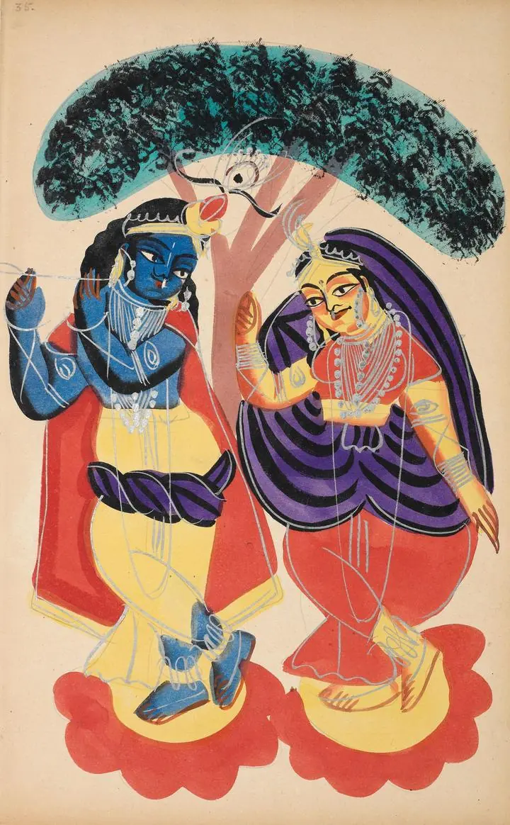 Blue And Yellow Hindu Figures, Indian Art, Kalighat, Wallpaper, Wall Art, Acrylic, Stretch Ceiling, Glass Film, Wall Mural, Home Decor, Kids, Bedroom, living room, Office, UV Print, Flat bed, Embossed, Artist, Design, Canvas, Canvas Print, Art Prints, Foamboard, Sand Art, Vinyl, Tote Bag, Leather, Rexine, Carpet, Mat, Backlit Fabric, ACP, Print, Metal, Surat, Gujarat, India