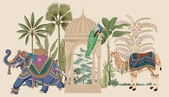 Blue Elephant Camel Peacock Illustration