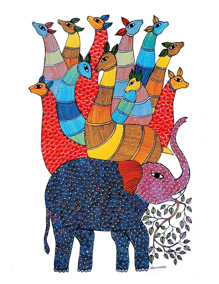 Blue Elephant With Colorful Deer