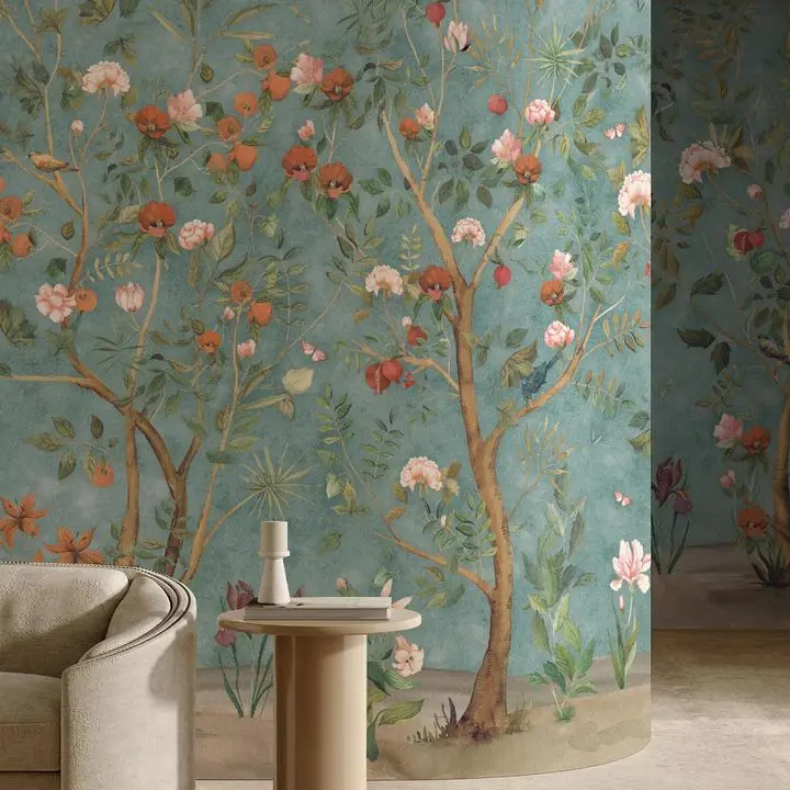 Blue Green Background Red Orange Flowers