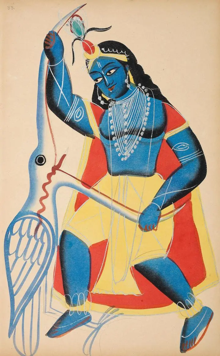 Blue Krishna Killing Demon, Indian Art, Kalighat, Wallpaper, Wall Art, Acrylic, Stretch Ceiling, Glass Film, Wall Mural, Home Decor, Kids, Bedroom, living room, Office, UV Print, Flat bed, Embossed, Artist, Design, Canvas, Canvas Print, Art Prints, Foamboard, Sand Art, Vinyl, Tote Bag, Leather, Rexine, Carpet, Mat, Backlit Fabric, ACP, Print, Metal, Surat, Gujarat, India