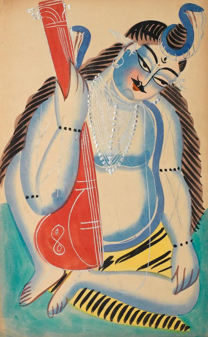 Blue Shiva Playing Guitar, Indian Art, Kalighat, Wallpaper, Wall Art, Acrylic, Stretch Ceiling, Glass Film, Wall Mural, Home Decor, Kids, Bedroom, living room, Office, UV Print, Flat bed, Embossed, Artist, Design, Canvas, Canvas Print, Art Prints, Foamboard, Sand Art, Vinyl, Tote Bag, Leather, Rexine, Carpet, Mat, Backlit Fabric, ACP, Print, Metal, Surat, Gujarat, India