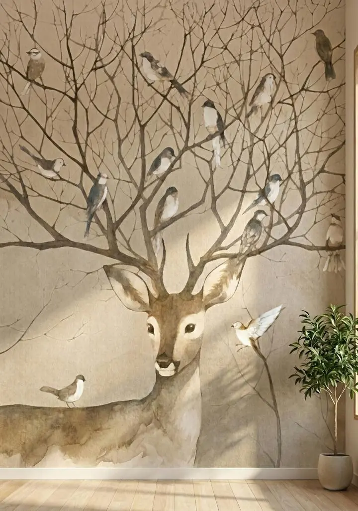 Brown Deer White Birds Branches Tree, Wallpaper, Animal, Wallpaper, Wall Art, Acrylic, Stretch Ceiling, Glass Film, Wall Mural, Home Decor, Kids, Bedroom, living room, Office, UV Print, Flat bed, Embossed, Artist, Design, Canvas, Canvas Print, Art Prints, Foamboard, Sand Art, Vinyl, Tote Bag, Leather, Rexine, Carpet, Mat, Backlit Fabric, ACP, Print, Metal, Surat, Gujarat, India