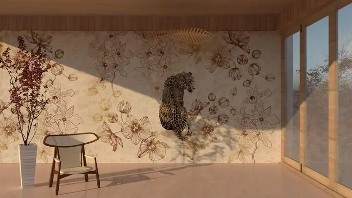 Brown Leopard Golden Flowers Beige Background