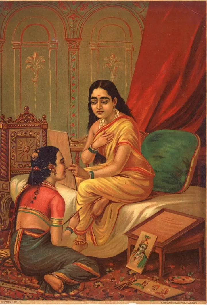 Chitralekha, Paintings, Raja Ravi Verma, Wallpaper, Wall Art, Acrylic, Stretch Ceiling, Glass Film, Wall Mural, Home Decor, Kids, Bedroom, living room, Office, UV Print, Flat bed, Embossed, Artist, Design, Canvas, Canvas Print, Art Prints, Foamboard, Sand Art, Vinyl, Tote Bag, Leather, Rexine, Carpet, Mat, Backlit Fabric, ACP, Print, Metal, Surat, Gujarat, India