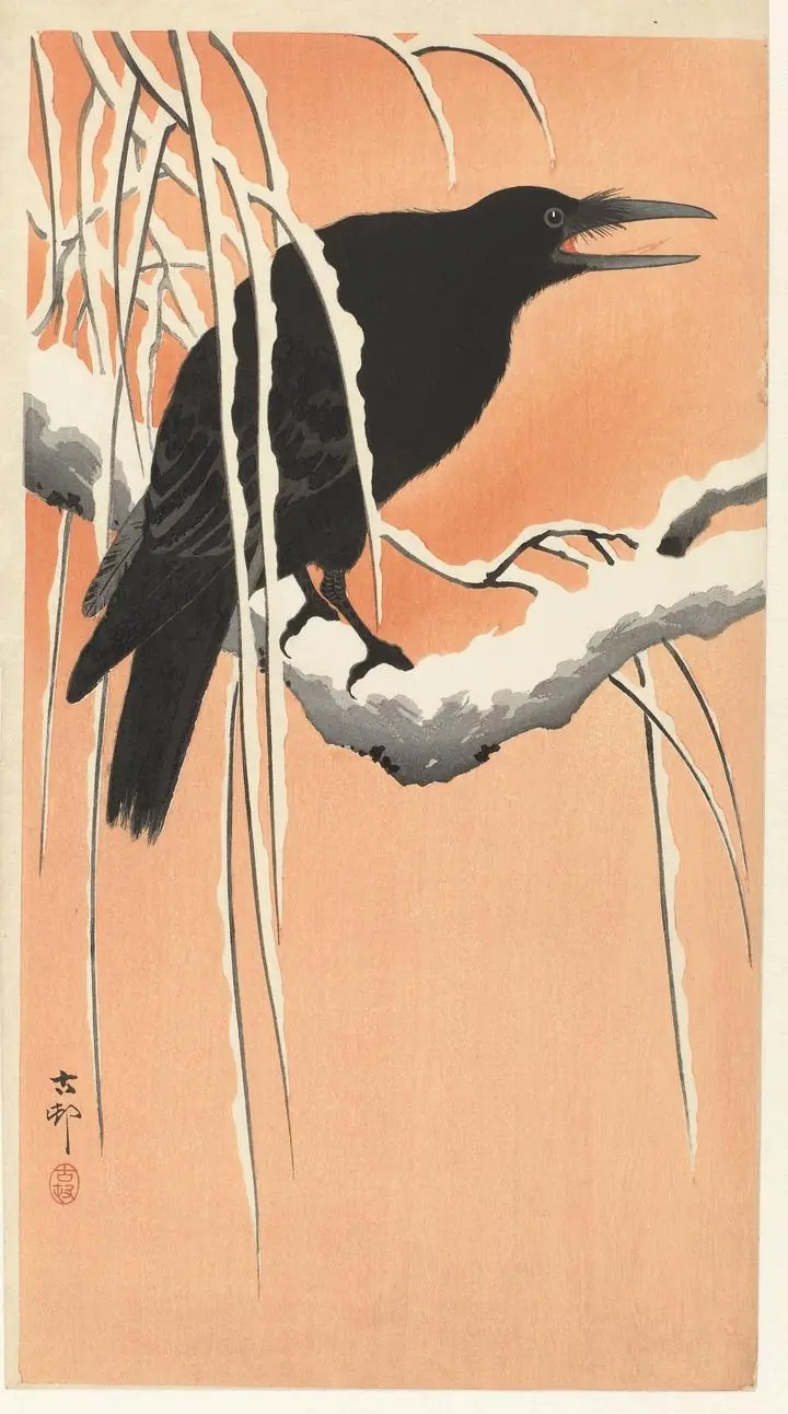 Crow On Snowy Branch (1900-1930), Paintings, Ohara Koson, Wallpaper, Wall Art, Acrylic, Stretch Ceiling, Glass Film, Wall Mural, Home Decor, Kids, Bedroom, living room, Office, UV Print, Flat bed, Embossed, Artist, Design, Canvas, Canvas Print, Art Prints, Foamboard, Sand Art, Vinyl, Tote Bag, Leather, Rexine, Carpet, Mat, Backlit Fabric, ACP, Print, Metal, Surat, Gujarat, India
