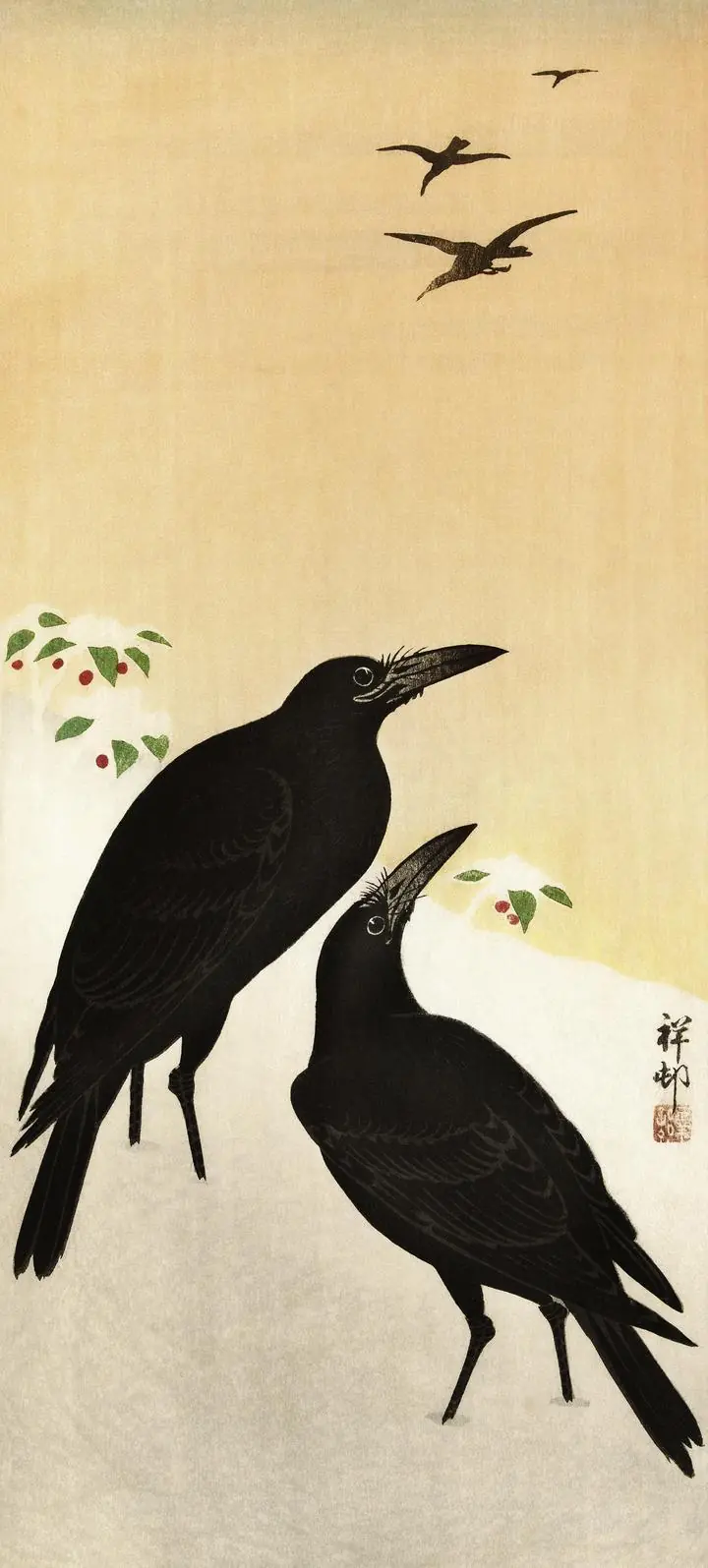 Crows In Snow 1900-1936, Paintings, Ohara Koson, Wallpaper, Wall Art, Acrylic, Stretch Ceiling, Glass Film, Wall Mural, Home Decor, Kids, Bedroom, living room, Office, UV Print, Flat bed, Embossed, Artist, Design, Canvas, Canvas Print, Art Prints, Foamboard, Sand Art, Vinyl, Tote Bag, Leather, Rexine, Carpet, Mat, Backlit Fabric, ACP, Print, Metal, Surat, Gujarat, India