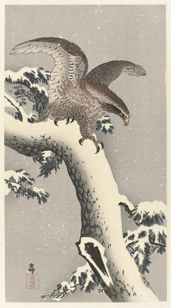 Eagle On Snowy Pine Tree (1887-1930), Paintings, Ohara Koson, Wallpaper, Wall Art, Acrylic, Stretch Ceiling, Glass Film, Wall Mural, Home Decor, Kids, Bedroom, living room, Office, UV Print, Flat bed, Embossed, Artist, Design, Canvas, Canvas Print, Art Prints, Foamboard, Sand Art, Vinyl, Tote Bag, Leather, Rexine, Carpet, Mat, Backlit Fabric, ACP, Print, Metal, Surat, Gujarat, India