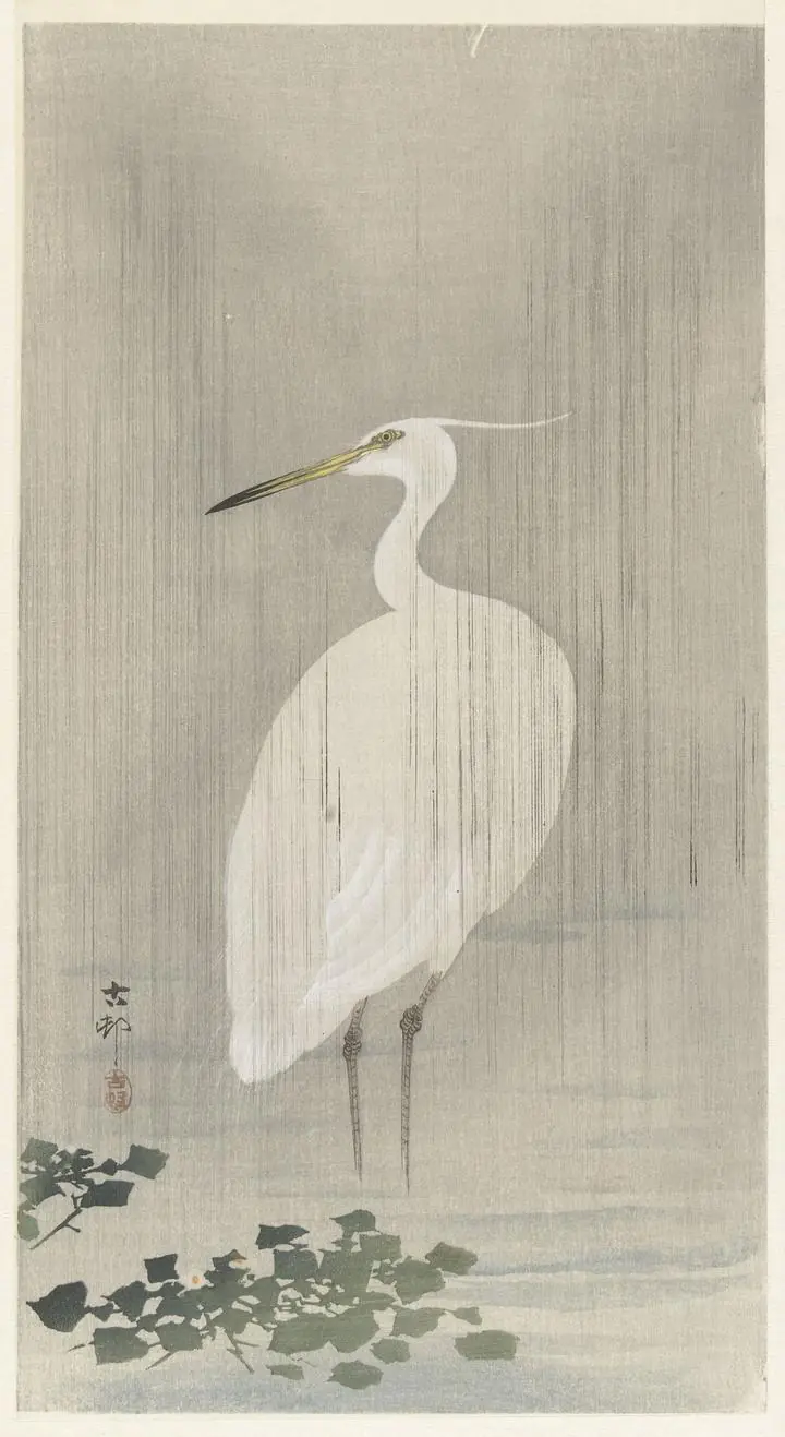 Egret In Rain (1900-1930), Paintings, Ohara Koson, Wallpaper, Wall Art, Acrylic, Stretch Ceiling, Glass Film, Wall Mural, Home Decor, Kids, Bedroom, living room, Office, UV Print, Flat bed, Embossed, Artist, Design, Canvas, Canvas Print, Art Prints, Foamboard, Sand Art, Vinyl, Tote Bag, Leather, Rexine, Carpet, Mat, Backlit Fabric, ACP, Print, Metal, Surat, Gujarat, India