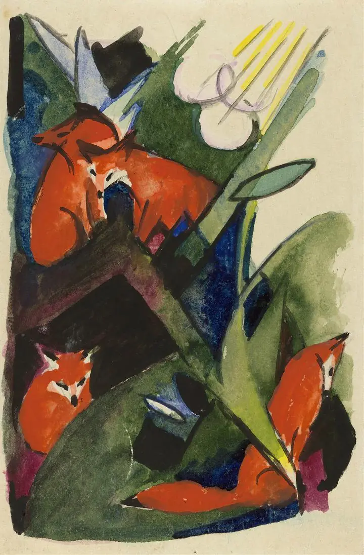 Four Foxes (1913), Paintings, Franz Marc, Wallpaper, Wall Art, Acrylic, Stretch Ceiling, Glass Film, Wall Mural, Home Decor, Kids, Bedroom, living room, Office, UV Print, Flat bed, Embossed, Artist, Design, Canvas, Canvas Print, Art Prints, Foamboard, Sand Art, Vinyl, Tote Bag, Leather, Rexine, Carpet, Mat, Backlit Fabric, ACP, Print, Metal, Surat, Gujarat, India
