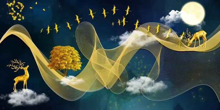 Golden Deer Clouds Moon