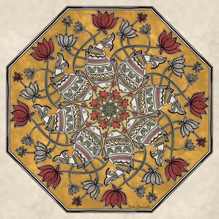 Golden Fish And Red Flowers