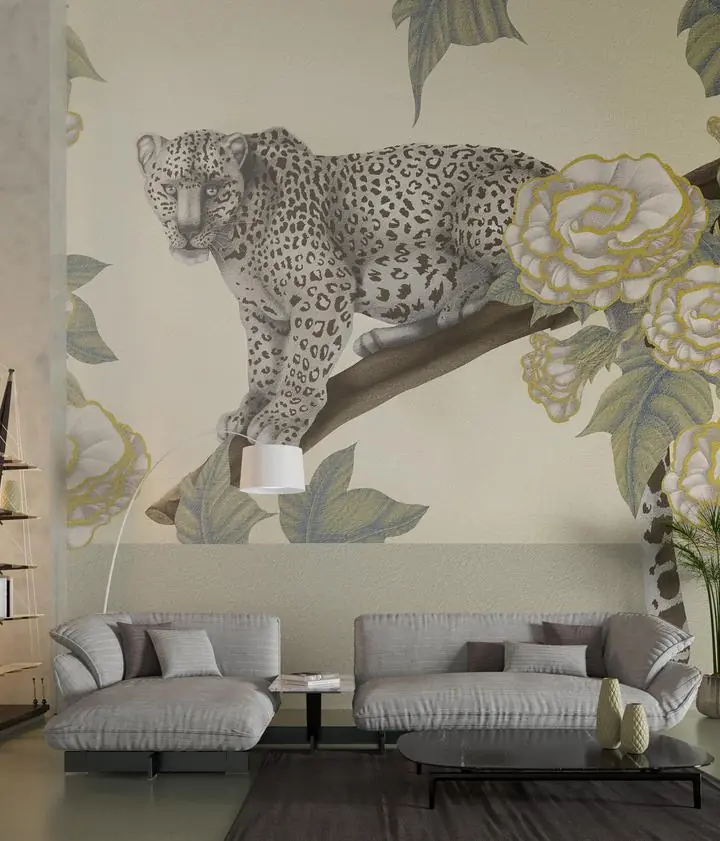 Gray Leopard Branch White Rose Green