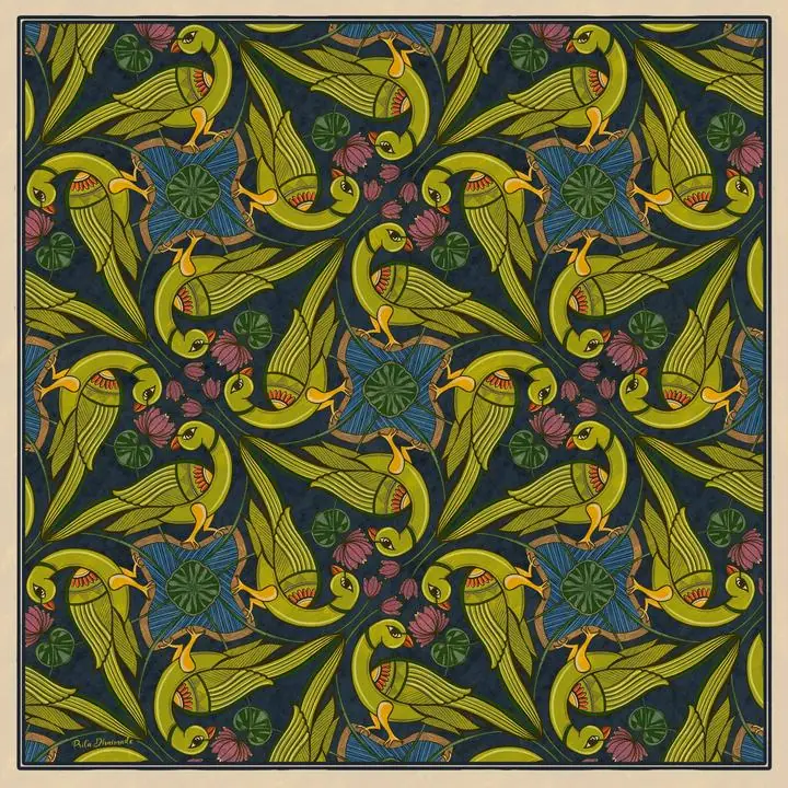 Green Birds And Leaves Pattern