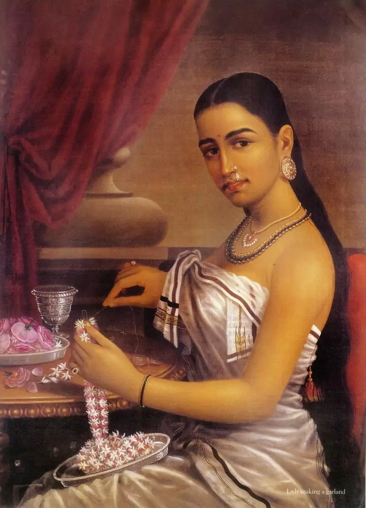Lady making a garland, by Raja Ravi Varma