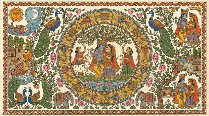Madhubani Art Krishna Radha