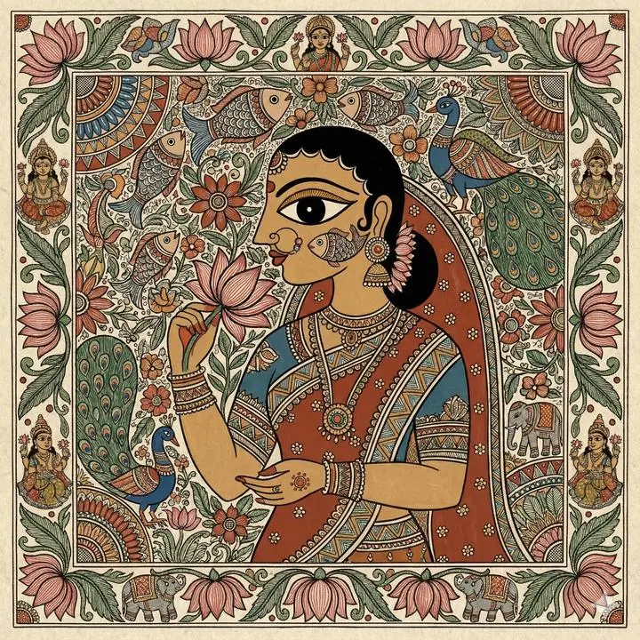 Madhubani Art Lady Holding Flower