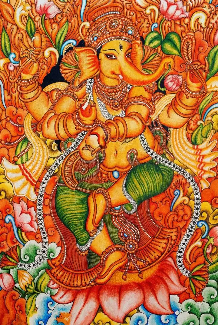 Orange Hindu God Ganesha, Indian Art, Kerala Mural, Wallpaper, Wall Art, Acrylic, Stretch Ceiling, Glass Film, Wall Mural, Home Decor, Kids, Bedroom, living room, Office, UV Print, Flat bed, Embossed, Artist, Design, Canvas, Canvas Print, Art Prints, Foamboard, Sand Art, Vinyl, Tote Bag, Leather, Rexine, Carpet, Mat, Backlit Fabric, ACP, Print, Metal, Surat, Gujarat, India