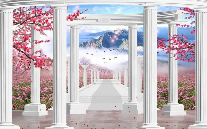 Pink Cherry Blossom Tree White Columns