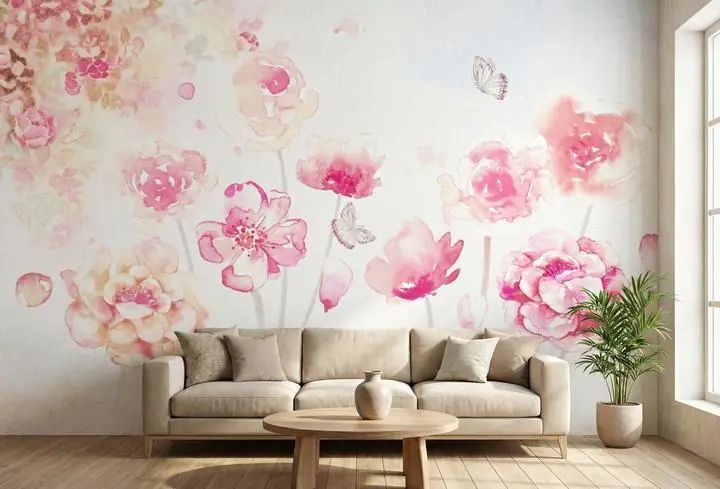 Pink Flowers Butterfly White Sky