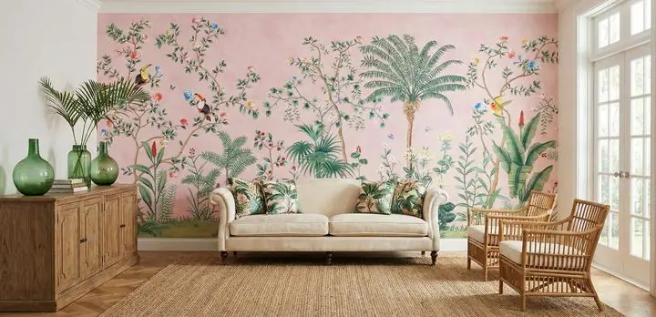 Pink Palm Tree Green Leaves Blue