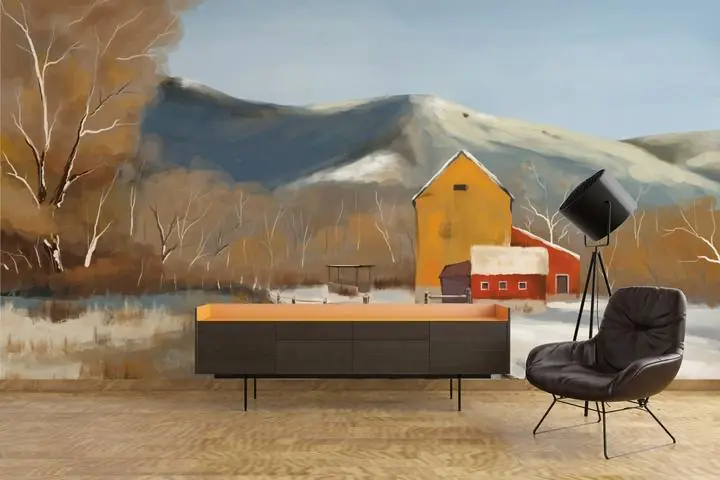 Red Barn Yellow Brown Fence White