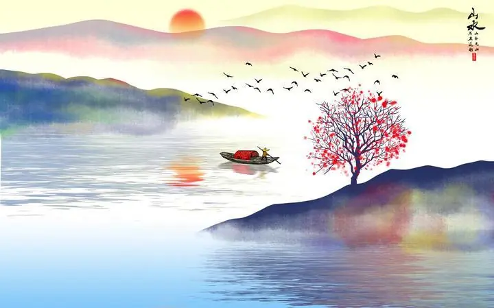 Red Tree Blue Water Black Birds