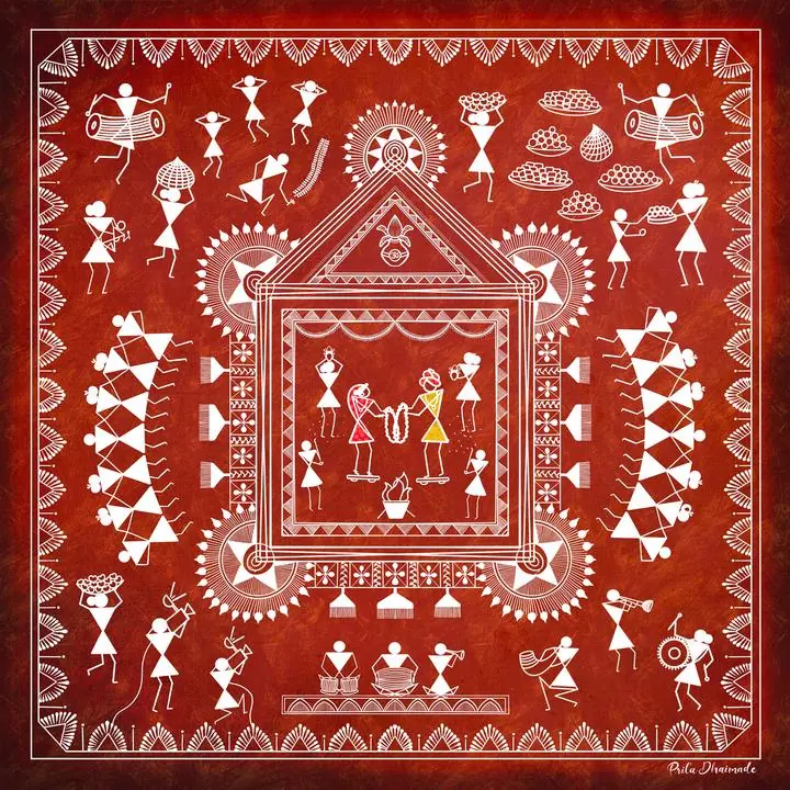 Red Warli Art Painting