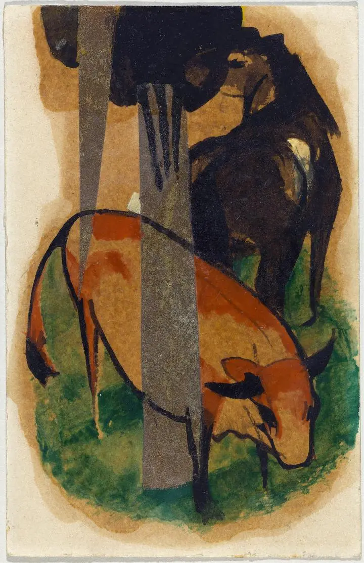Red Horse And Yellow Cattle (1913), Paintings, Franz Marc, Wallpaper, Wall Art, Acrylic, Stretch Ceiling, Glass Film, Wall Mural, Home Decor, Kids, Bedroom, living room, Office, UV Print, Flat bed, Embossed, Artist, Design, Canvas, Canvas Print, Art Prints, Foamboard, Sand Art, Vinyl, Tote Bag, Leather, Rexine, Carpet, Mat, Backlit Fabric, ACP, Print, Metal, Surat, Gujarat, India