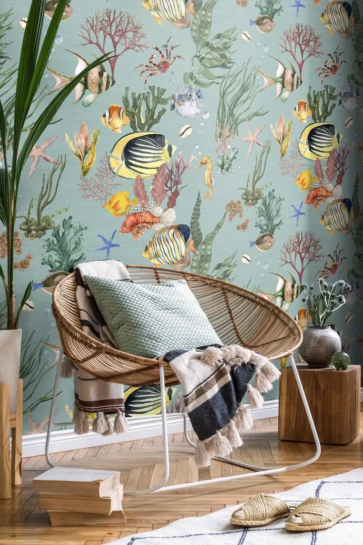 Yellow Fish Blue Starfish Green Seaweed, Wallpaper, Under Water, Wallpaper, Wall Art, Acrylic, Stretch Ceiling, Glass Film, Wall Mural, Home Decor, Kids, Bedroom, living room, Office, UV Print, Flat bed, Embossed, Artist, Design, Canvas, Canvas Print, Art Prints, Foamboard, Sand Art, Vinyl, Tote Bag, Leather, Rexine, Carpet, Mat, Backlit Fabric, ACP, Print, Metal, Surat, Gujarat, India